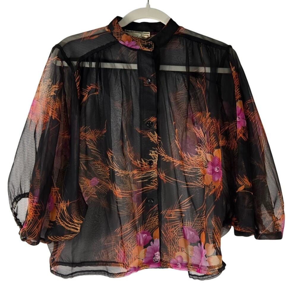 1980s LA Chic California Sheer Chiffon Retro Floral Blouse Lightweight Button Up